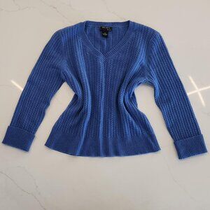 Red Moon Cashmere 100% Sz M Blue V-Neck Cable Knit Sweater Women's Luxury Office